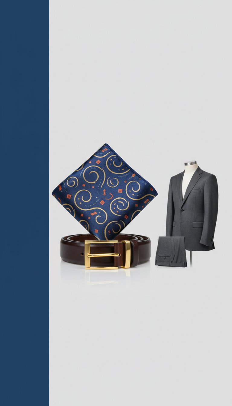 Gold Accent Silk Pocket Square And Leather Belt Set