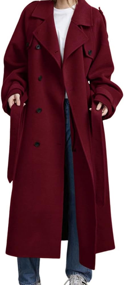 chouyatou Women's Winter Double Breasted Wool Coat Long Sleeve Notch Lapel Midi Long Winter Trench Coat with Belt