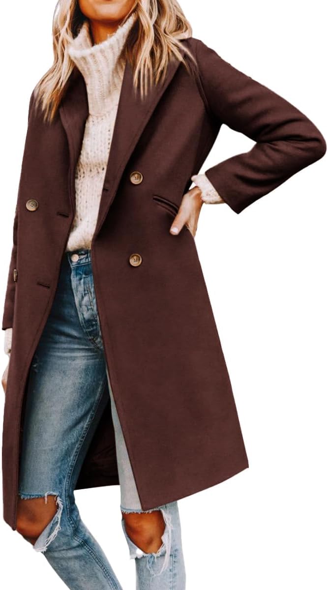 Women’s Notched Lapel Double Breasted Pea Coat Mid Long Coats | Fall Winter Jackets 2026