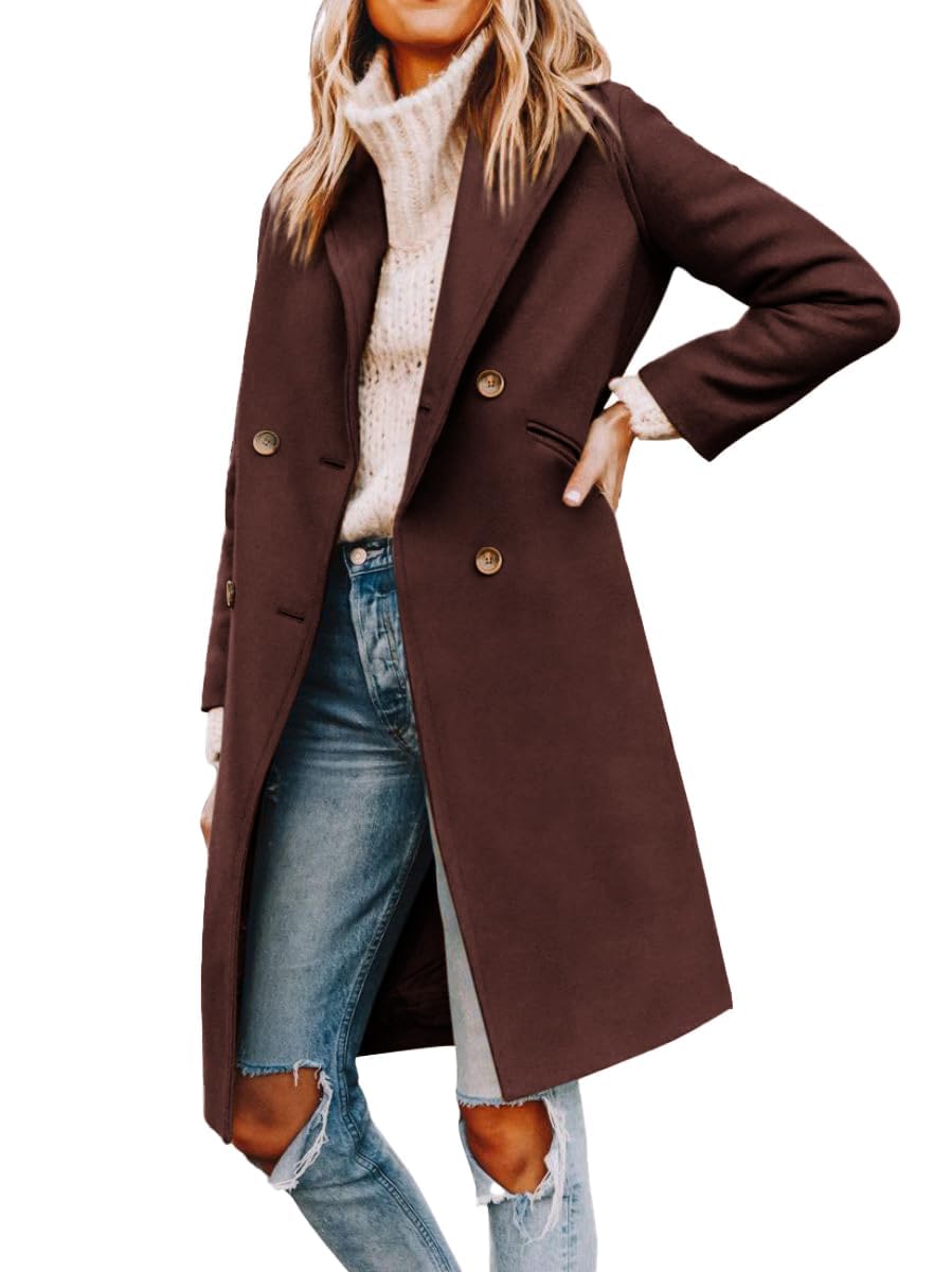 Women’s Notched Lapel Double Breasted Pea Coat Mid Long Coats | Fall Winter Jackets 2026