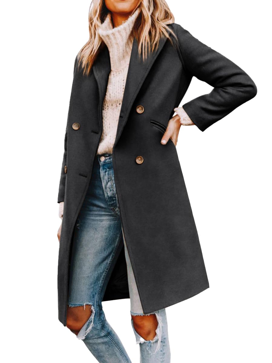 Women’s Notched Lapel Double Breasted Pea Coat Mid Long Coats | Fall Winter Jackets 2026