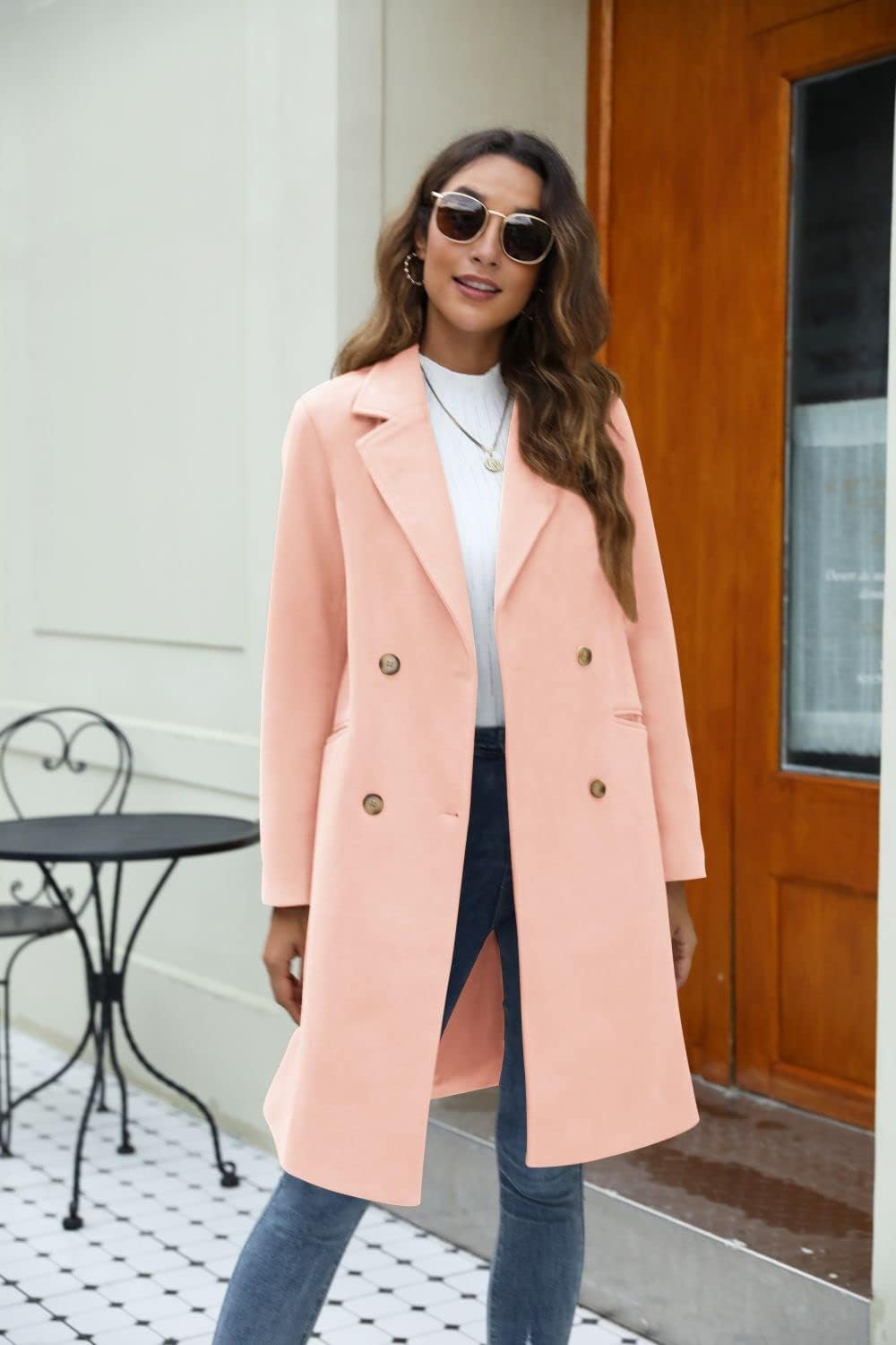 Women’s Notched Lapel Double Breasted Pea Coat Mid Long Coats | Fall Winter Jackets 2026