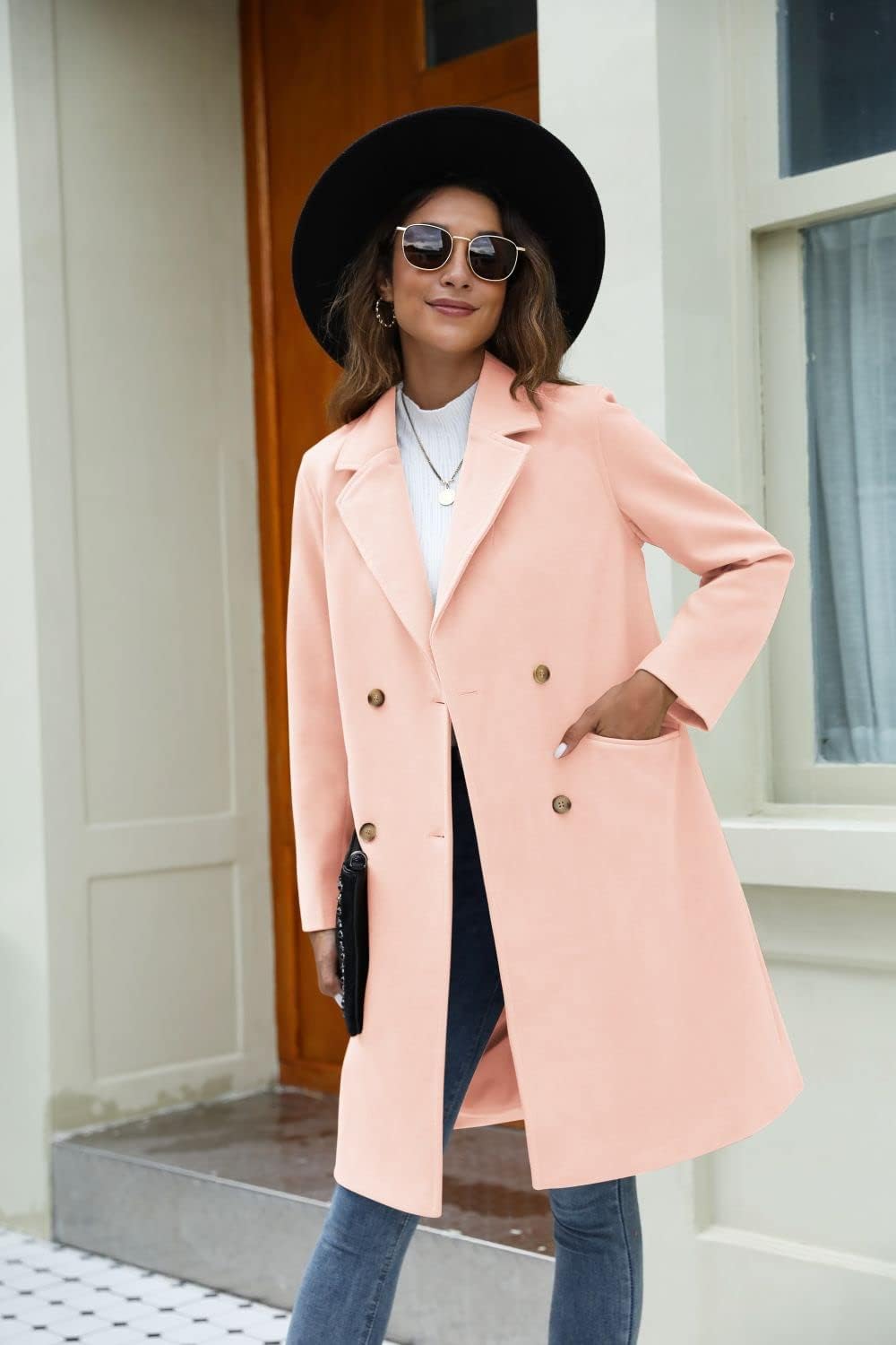 Women’s Notched Lapel Double Breasted Pea Coat Mid Long Coats | Fall Winter Jackets 2026