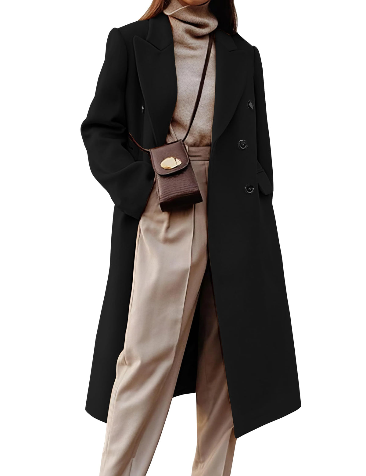 Womens Long Wool Coats Fall Winter Double Breasted Trench Coat Peacoat