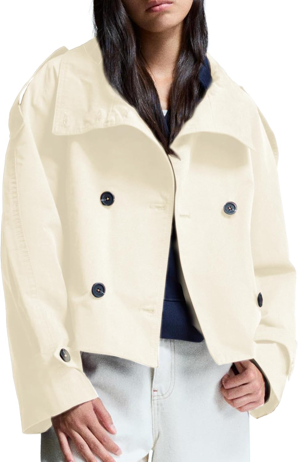 Women's Cropped Trench Coat Double Breasted Short Jacket High Collar Fall Winter Coats Trendy Outfit with Belt