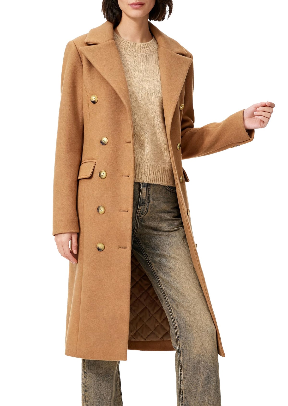 Women's Long Coat for Winter, Classic Notch Lapel Peacoat, Double-Breasted Casual Long Sleeve Fall Overcoat