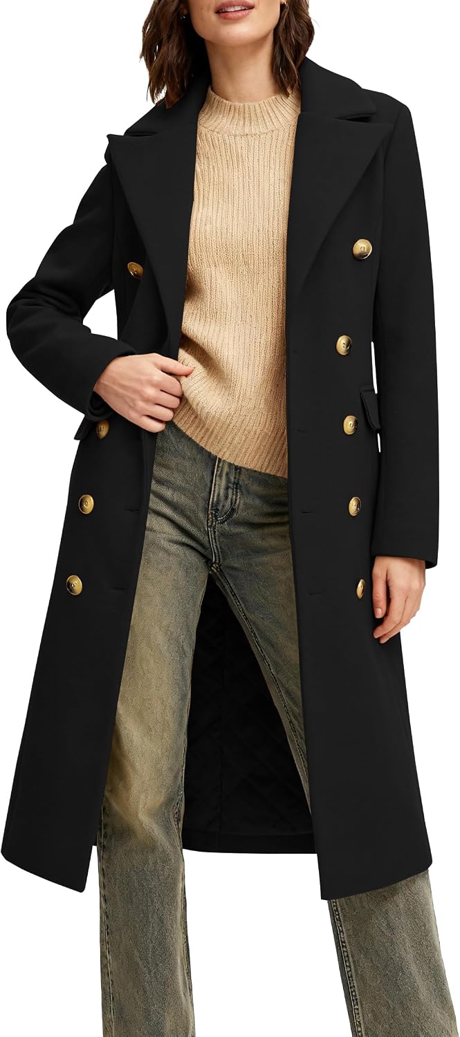 Women's Long Coat for Winter, Classic Notch Lapel Peacoat, Double-Breasted Casual Long Sleeve Fall Overcoat