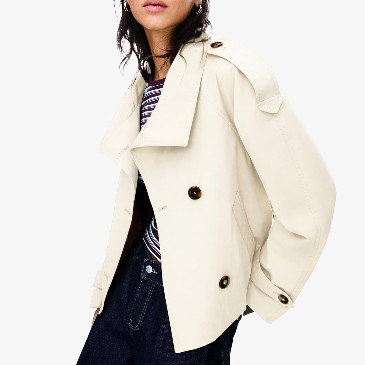 Women's Cropped Trench Coat Double Breasted Short Jacket High Collar Fall Winter Coats Trendy Outfit with Belt