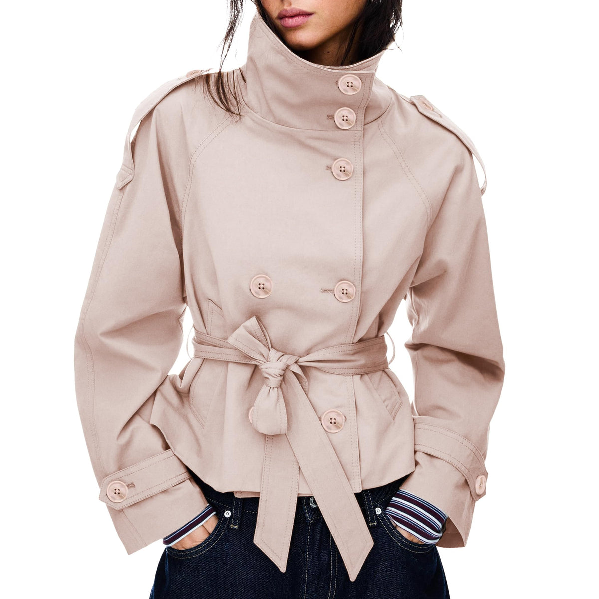 Women's Cropped Trench Coat Double Breasted Short Jacket High Collar Fall Winter Coats Trendy Outfit with Belt