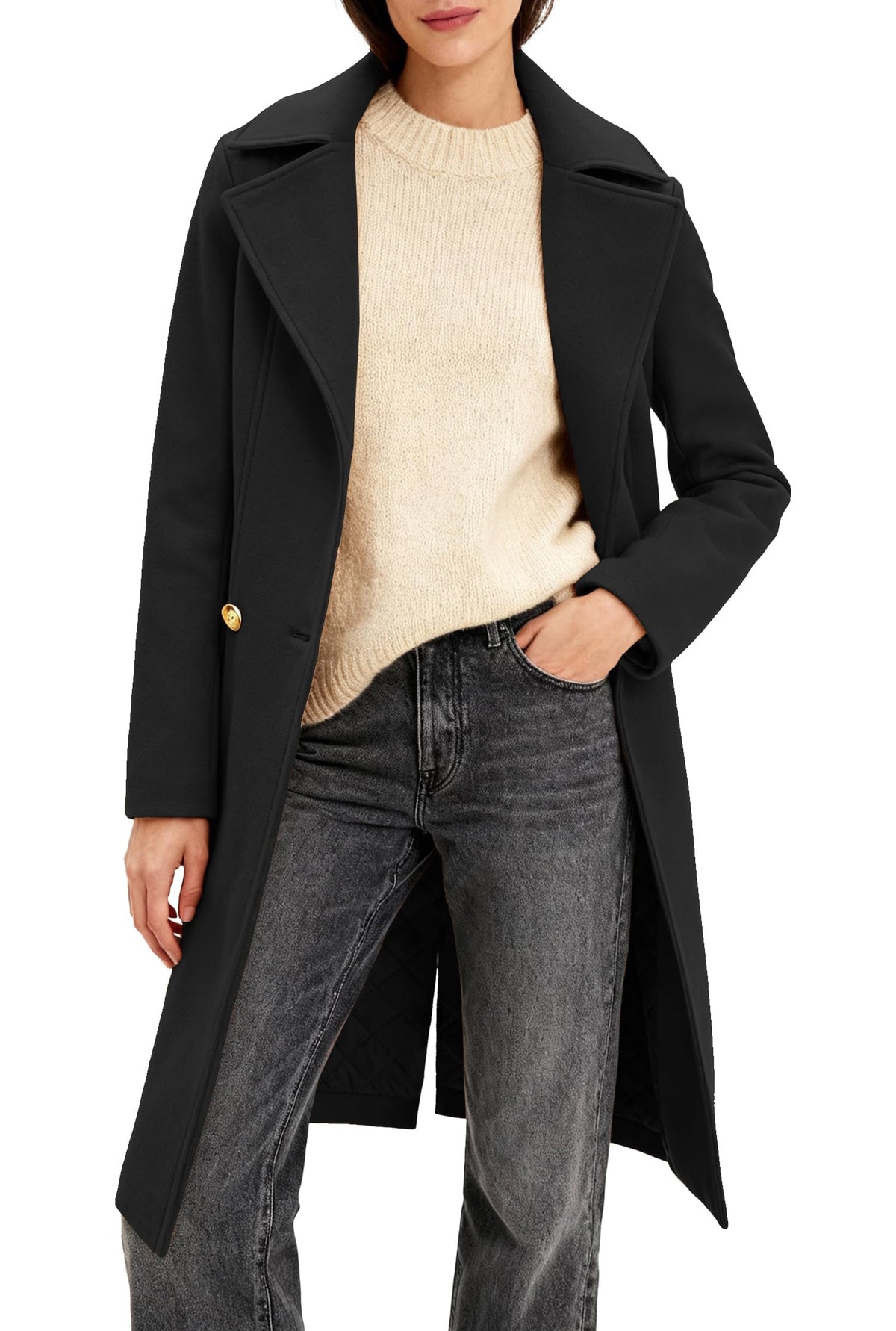 Women's Long Notch Lapel Coat, Double-Breasted Peacoat, Casual Classic Fall Winter Overcoat