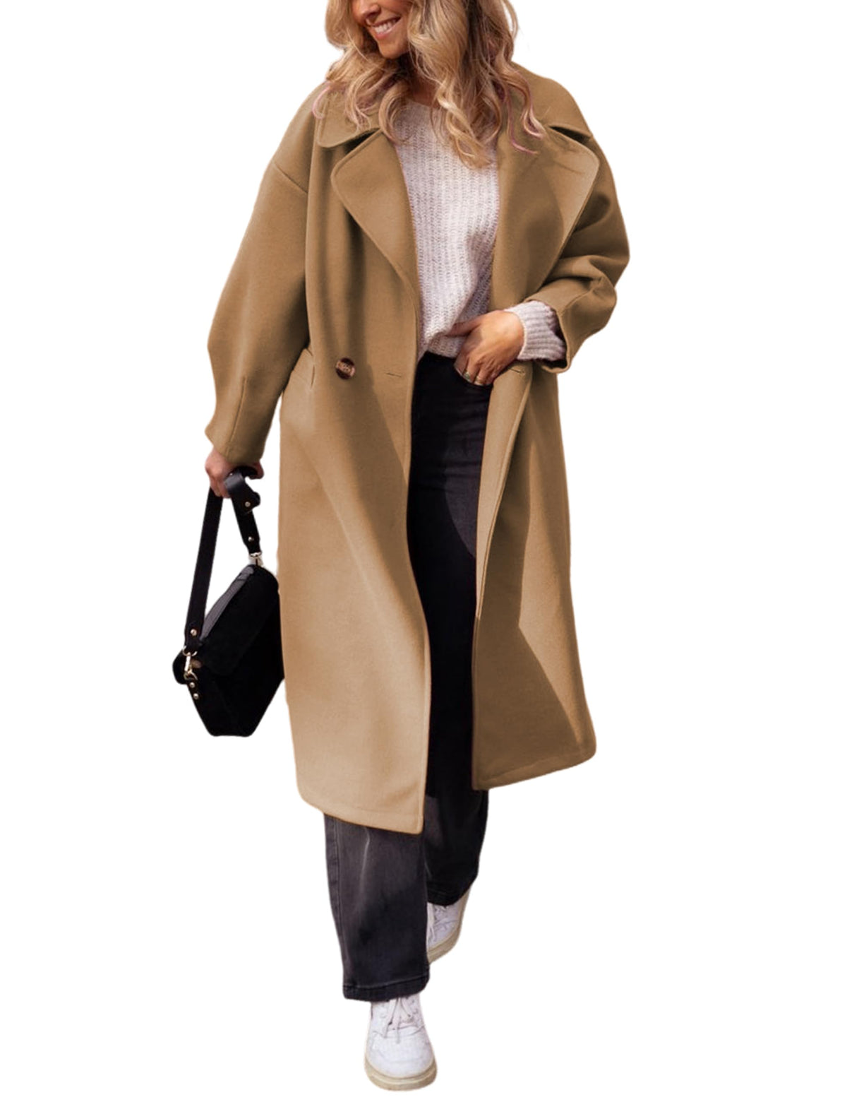 Faleave Women's Notch Lapel Coat Winter Wool Blend Single Breasted Peacoat