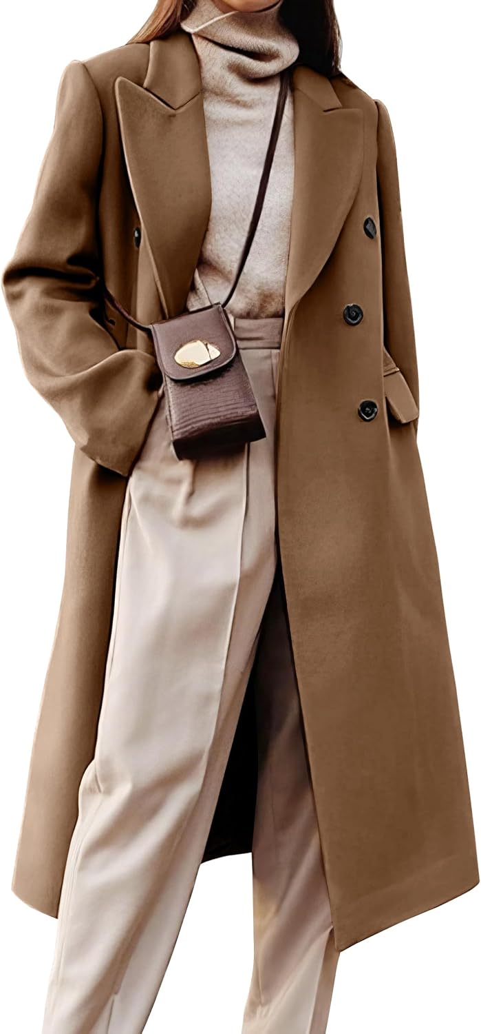 Womens Long Wool Coats Fall Winter Double Breasted Trench Coat Peacoat