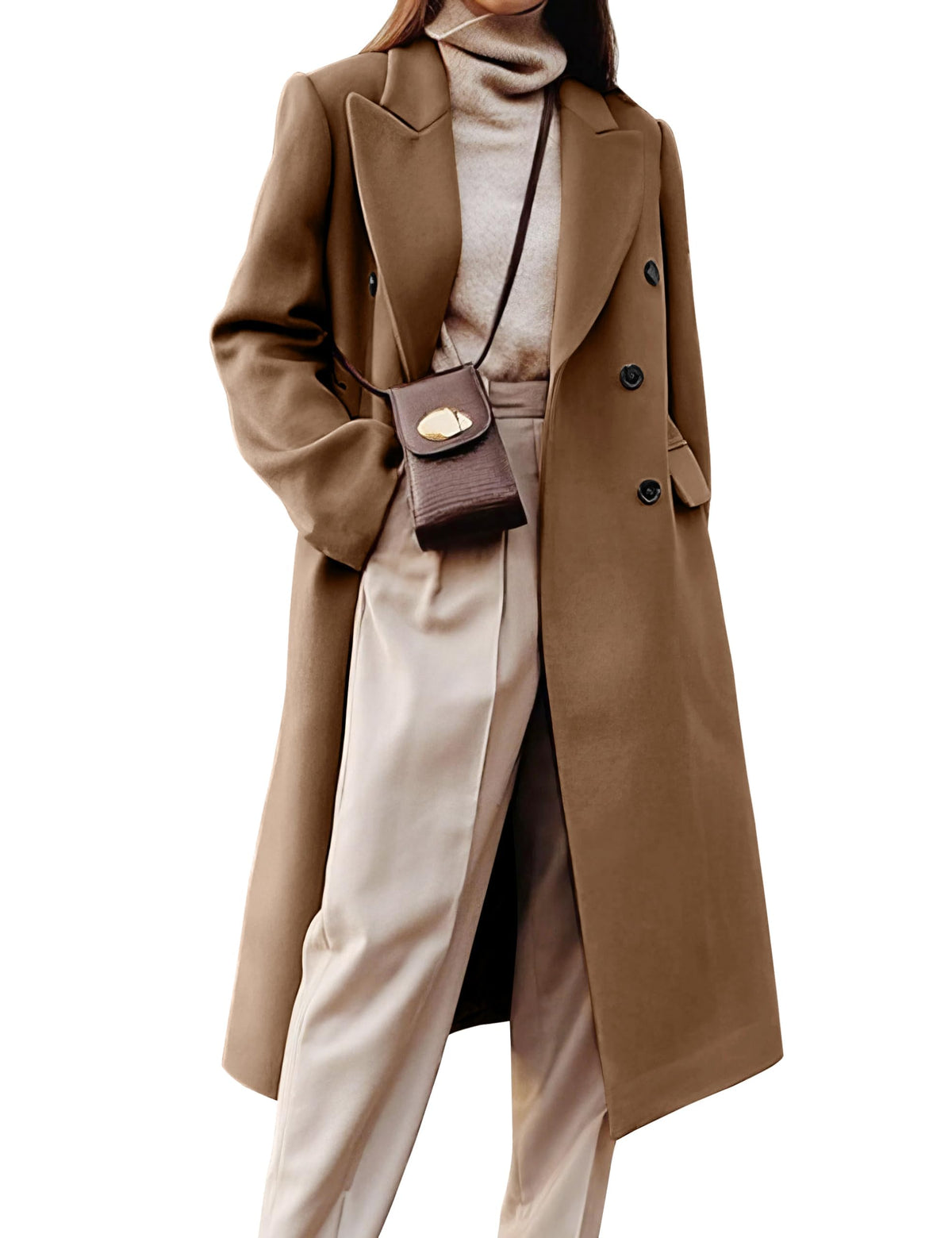 Womens Long Wool Coats Fall Winter Double Breasted Trench Coat Peacoat