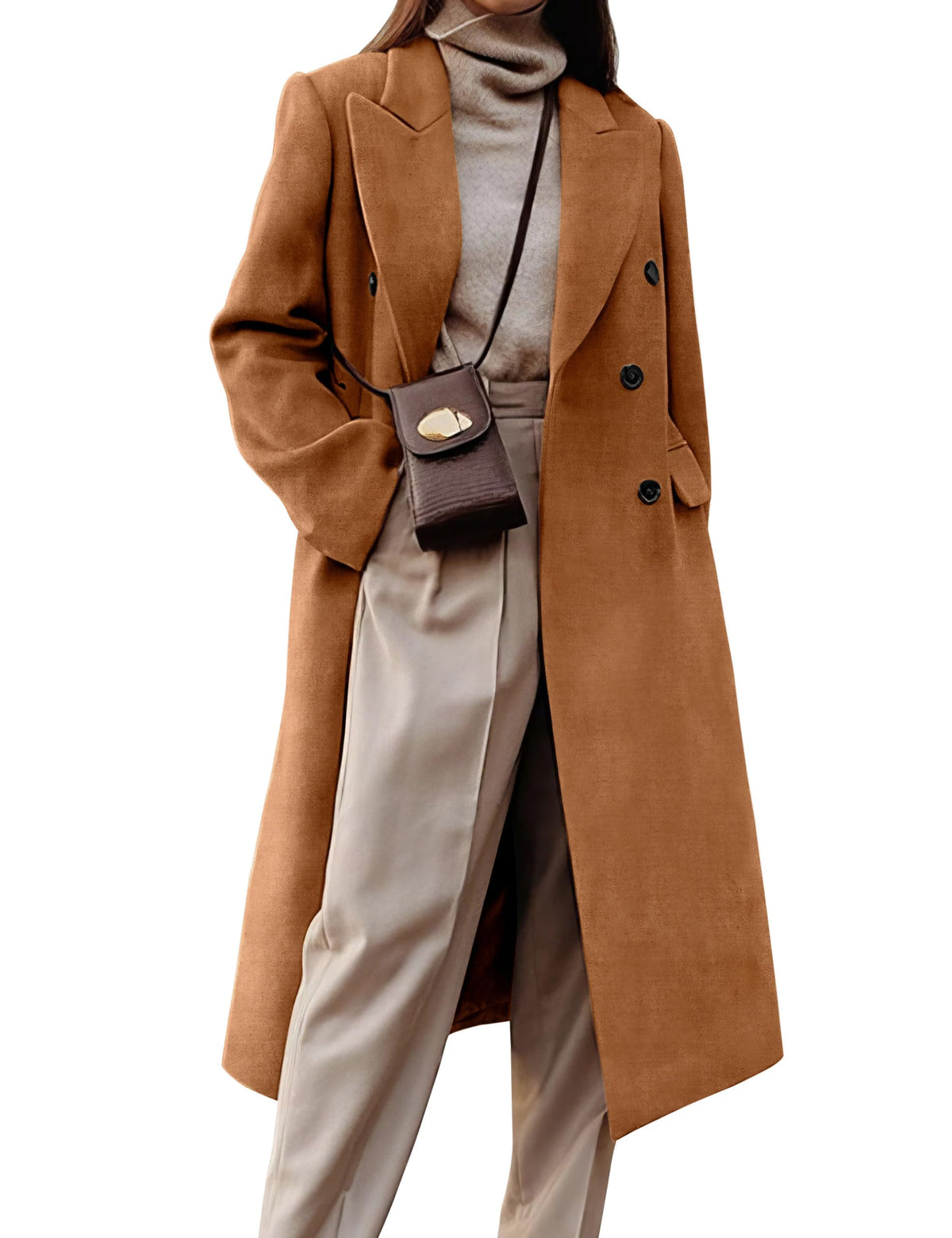 Womens Long Wool Coats Fall Winter Double Breasted Trench Coat Peacoat