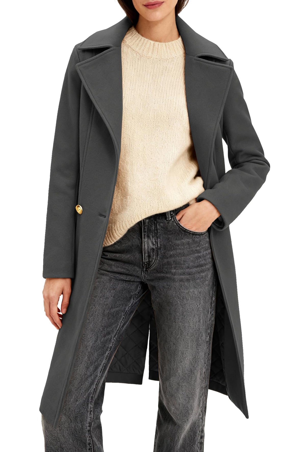 Women's Long Notch Lapel Coat, Double-Breasted Peacoat, Casual Classic Fall Winter Overcoat