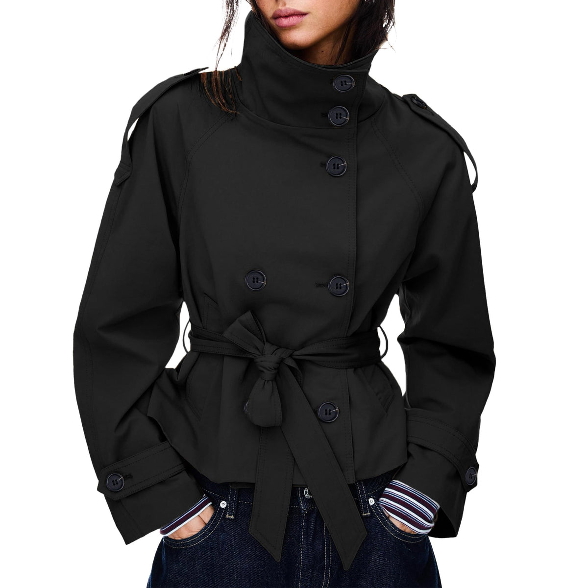 Women's Cropped Trench Coat Double Breasted Short Jacket High Collar Fall Winter Coats Trendy Outfit with Belt