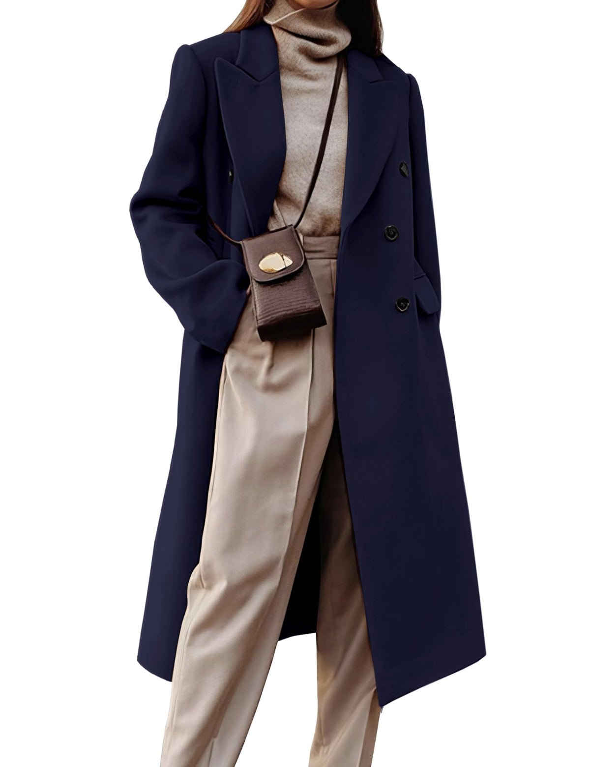 Womens Long Wool Coats Fall Winter Double Breasted Trench Coat Peacoat