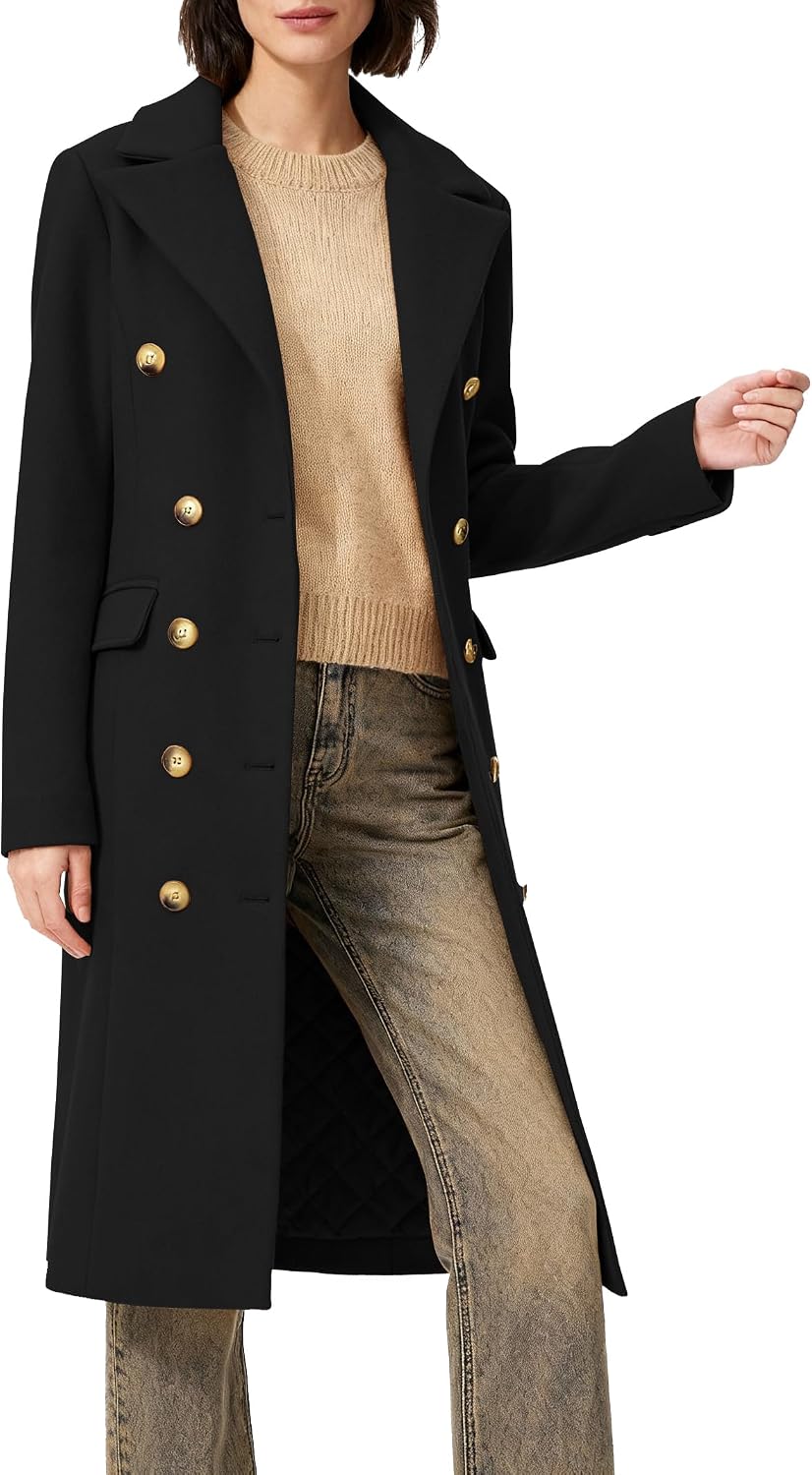 Women's Long Coat for Winter, Classic Notch Lapel Peacoat, Double-Breasted Casual Long Sleeve Fall Overcoat