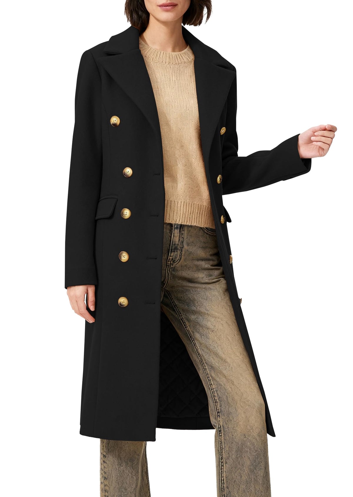 Women's Long Coat for Winter, Classic Notch Lapel Peacoat, Double-Breasted Casual Long Sleeve Fall Overcoat