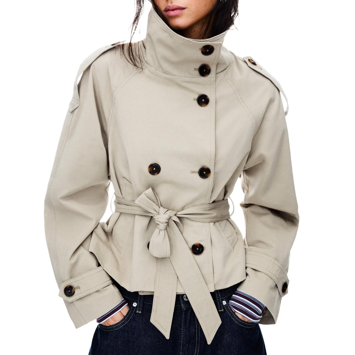 Women's Cropped Trench Coat Double Breasted Short Jacket High Collar Fall Winter Coats Trendy Outfit with Belt