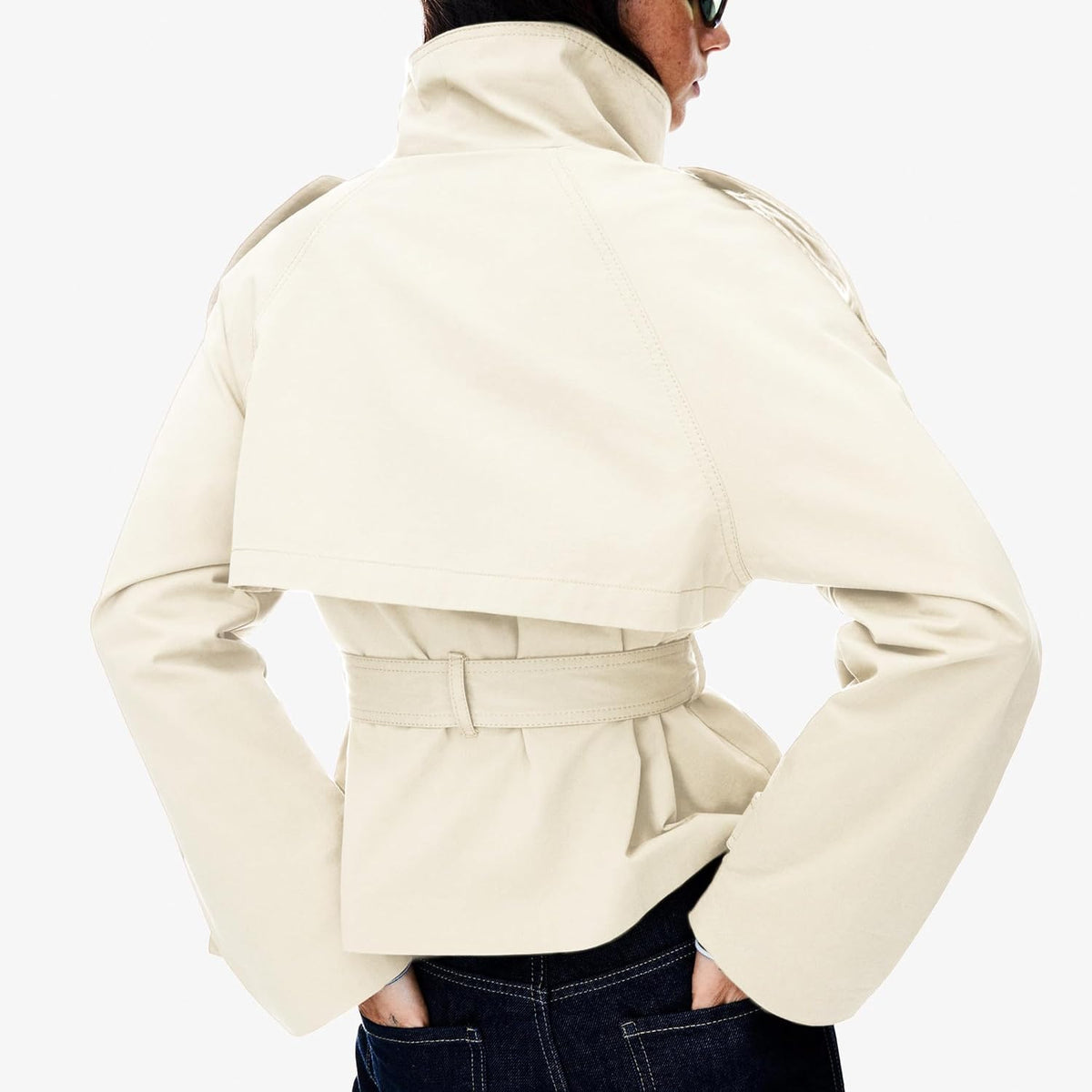 Women's Cropped Trench Coat Double Breasted Short Jacket High Collar Fall Winter Coats Trendy Outfit with Belt
