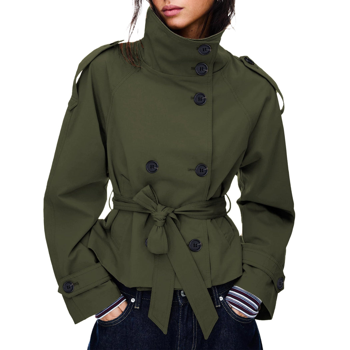 Women's Cropped Trench Coat Double Breasted Short Jacket High Collar Fall Winter Coats Trendy Outfit with Belt