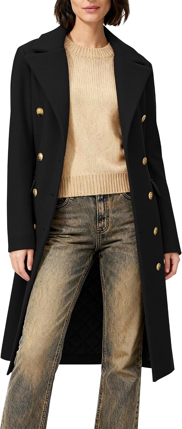 Women's Long Coat for Winter, Classic Notch Lapel Peacoat, Double-Breasted Casual Long Sleeve Fall Overcoat