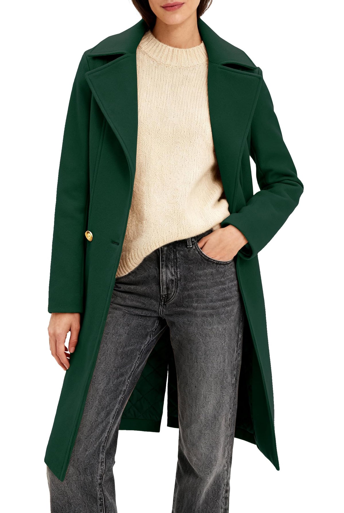 Women's Long Notch Lapel Coat, Double-Breasted Peacoat, Casual Classic Fall Winter Overcoat