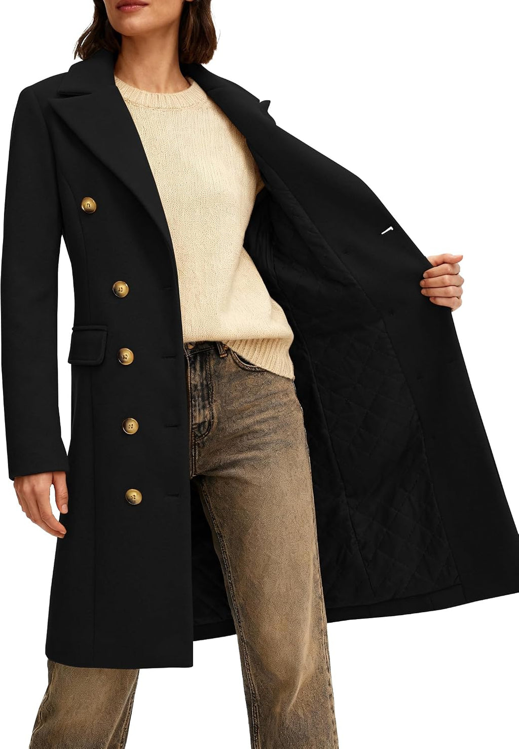 Women's Long Coat for Winter, Classic Notch Lapel Peacoat, Double-Breasted Casual Long Sleeve Fall Overcoat