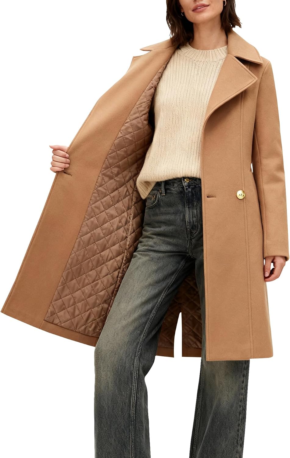 Women's Long Notch Lapel Coat, Double-Breasted Peacoat, Casual Classic Fall Winter Overcoat