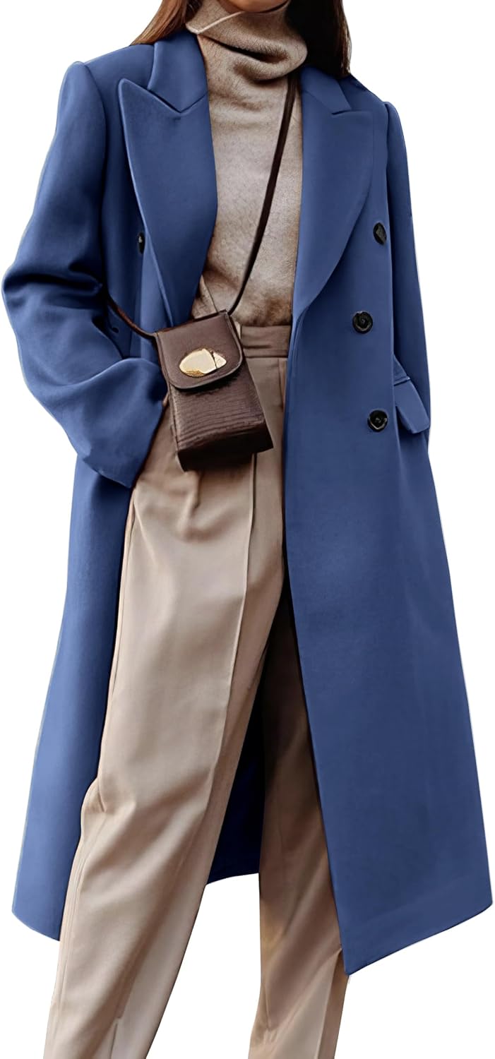 Womens Long Wool Coats Fall Winter Double Breasted Trench Coat Peacoat