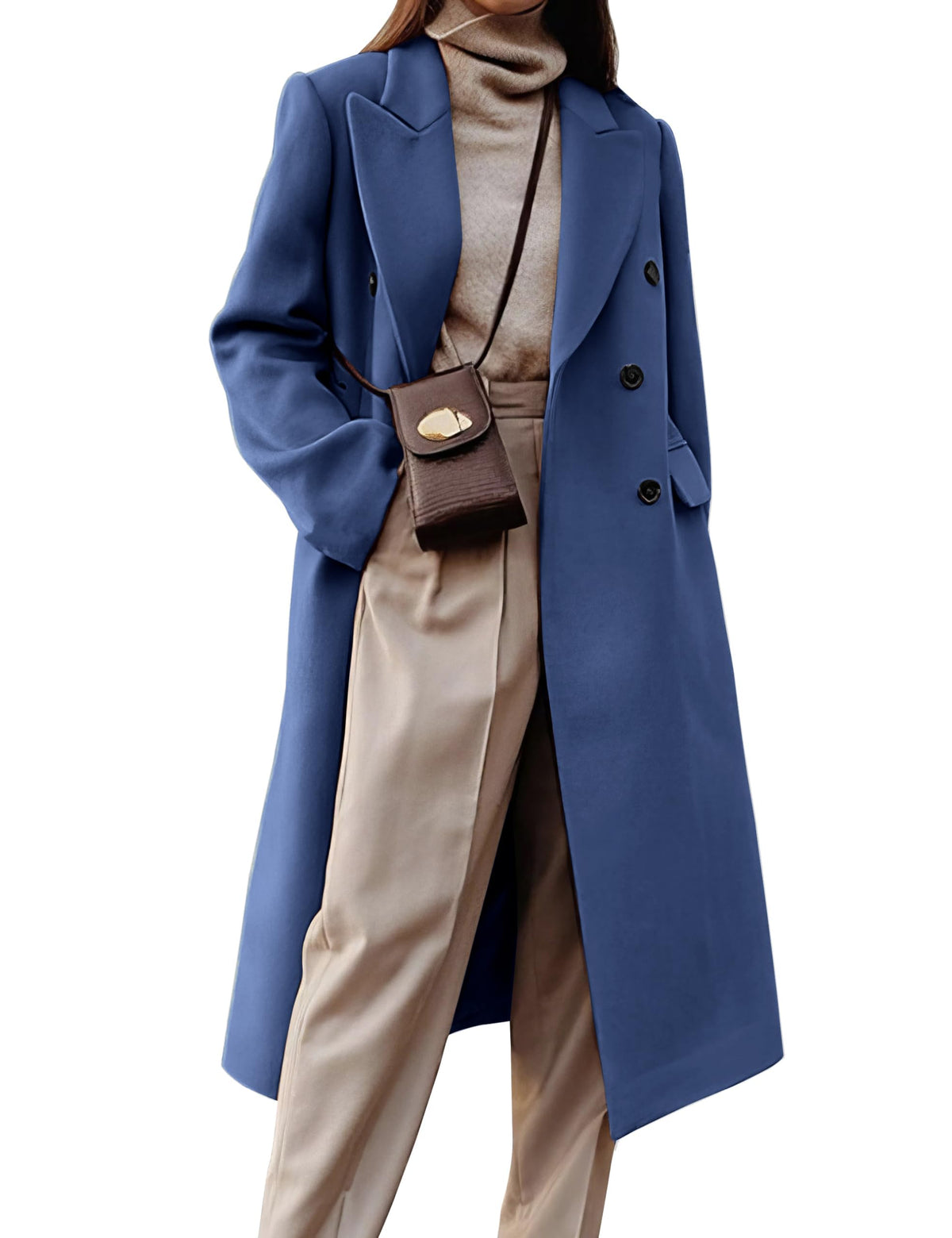 Womens Long Wool Coats Fall Winter Double Breasted Trench Coat Peacoat