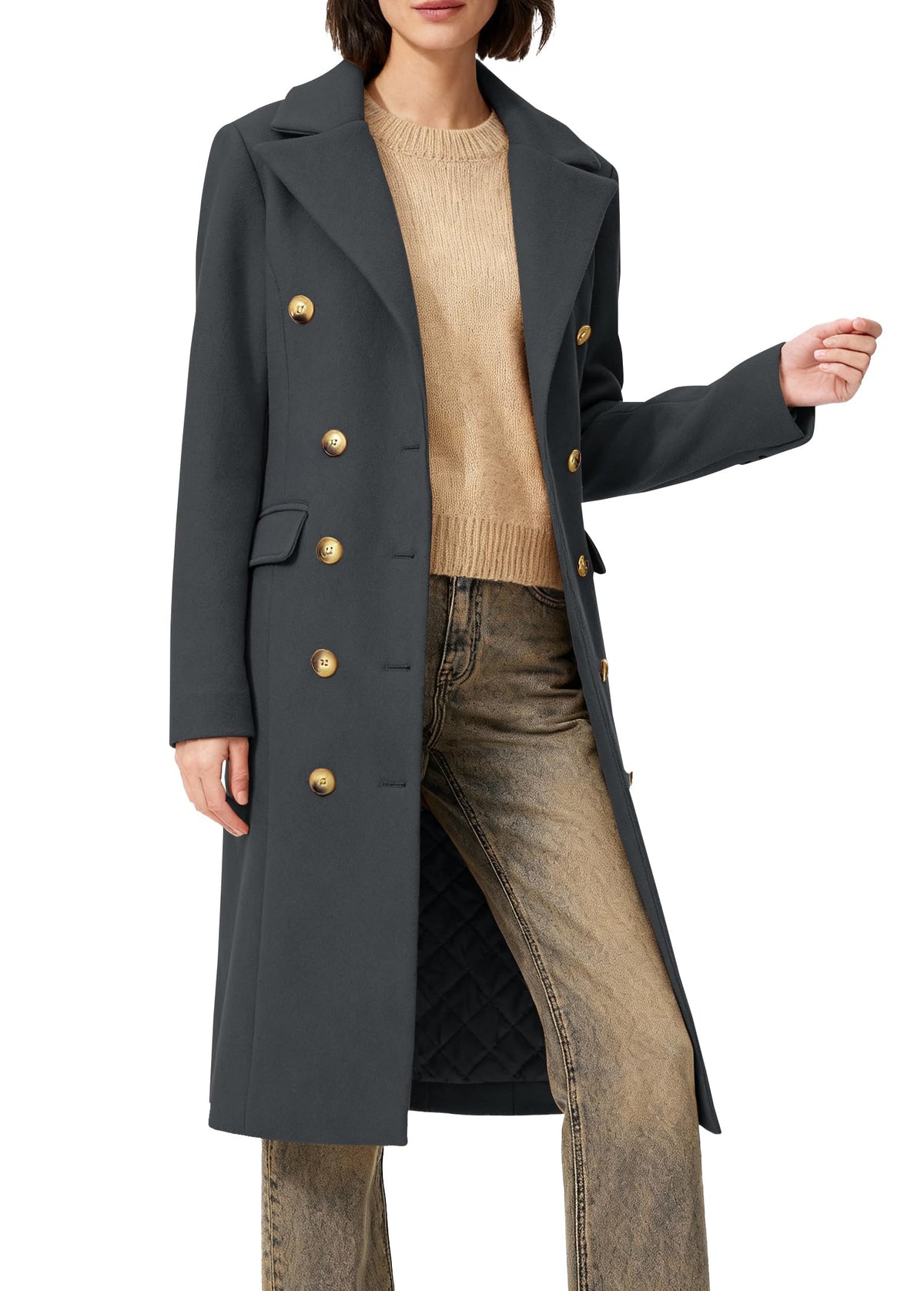 Women's Long Coat for Winter, Classic Notch Lapel Peacoat, Double-Breasted Casual Long Sleeve Fall Overcoat