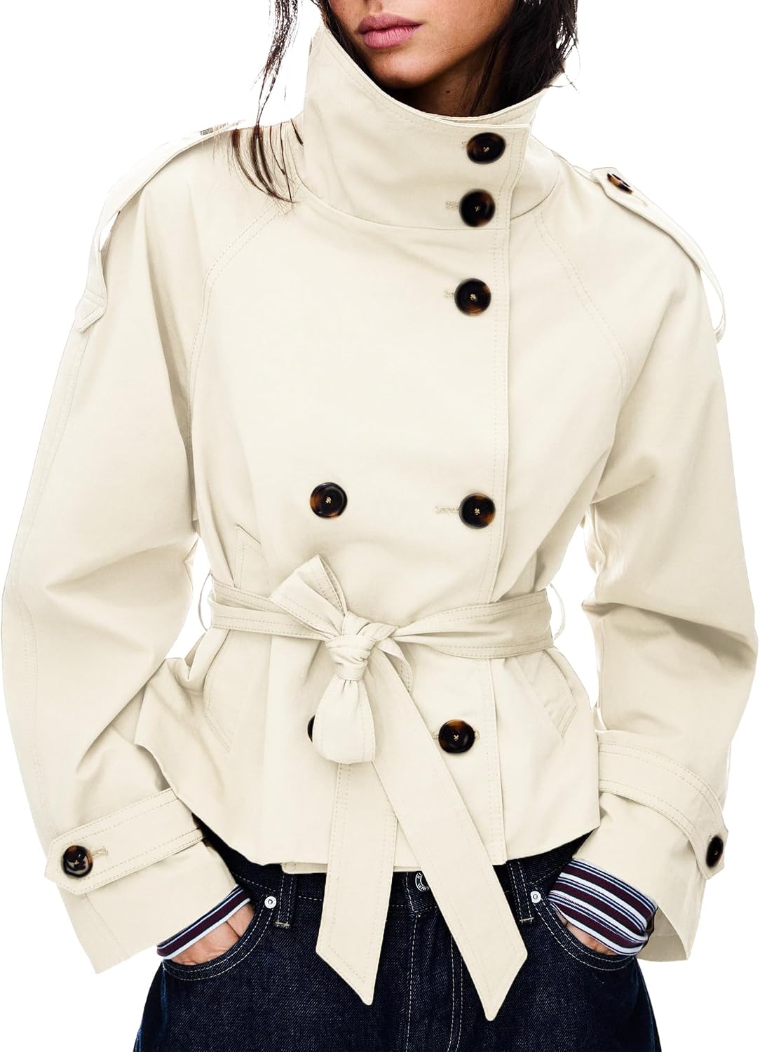 Women's Cropped Trench Coat Double Breasted Short Jacket High Collar Fall Winter Coats Trendy Outfit with Belt