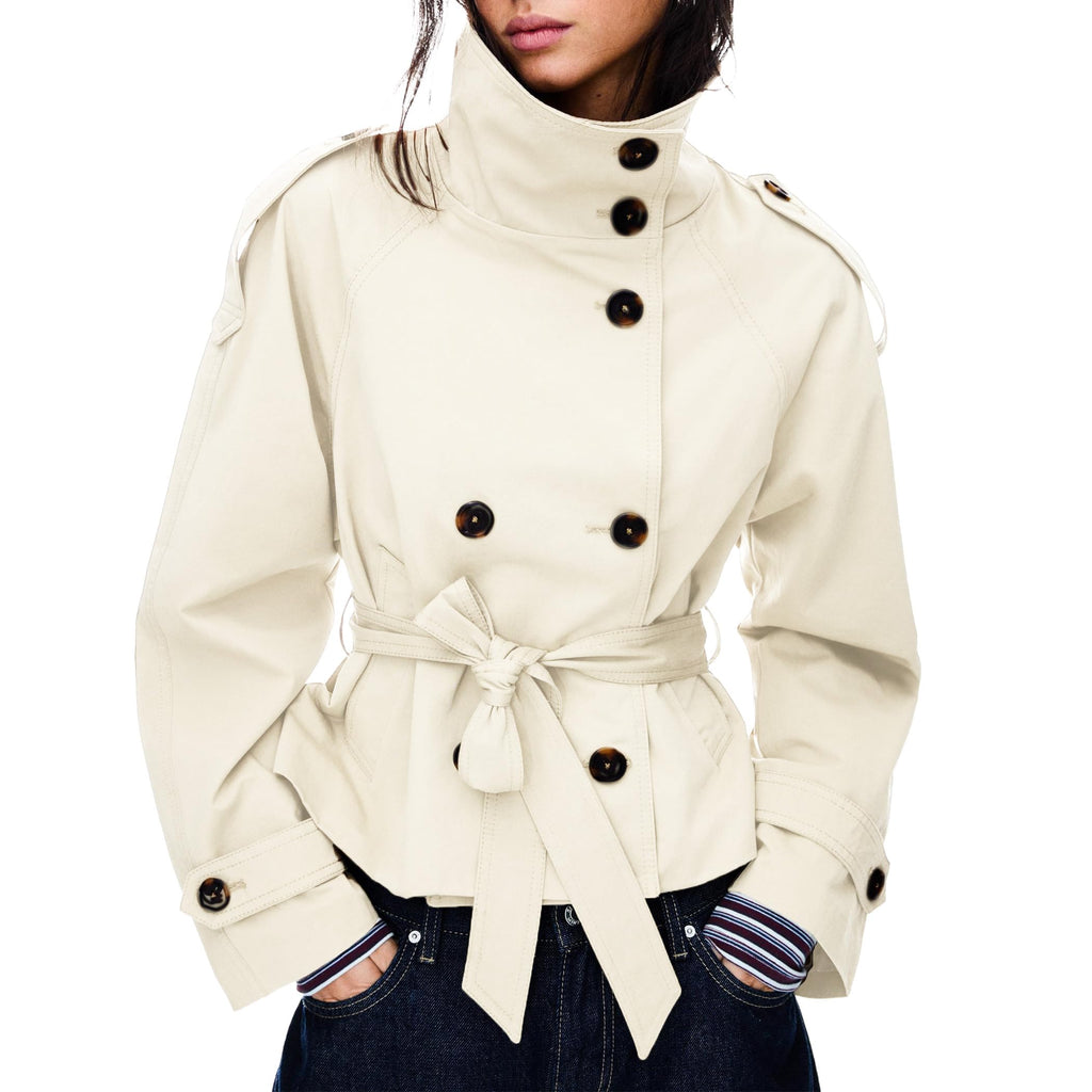 Women's Cropped Trench Coat Double Breasted Short Jacket High Collar Fall Winter Coats Trendy Outfit with Belt