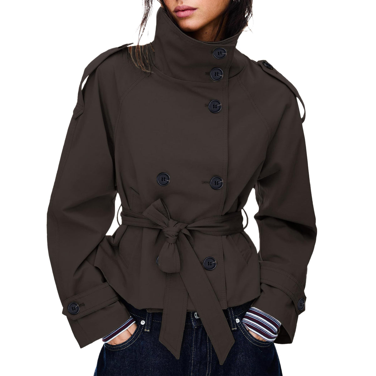 Women's Cropped Trench Coat Double Breasted Short Jacket High Collar Fall Winter Coats Trendy Outfit with Belt