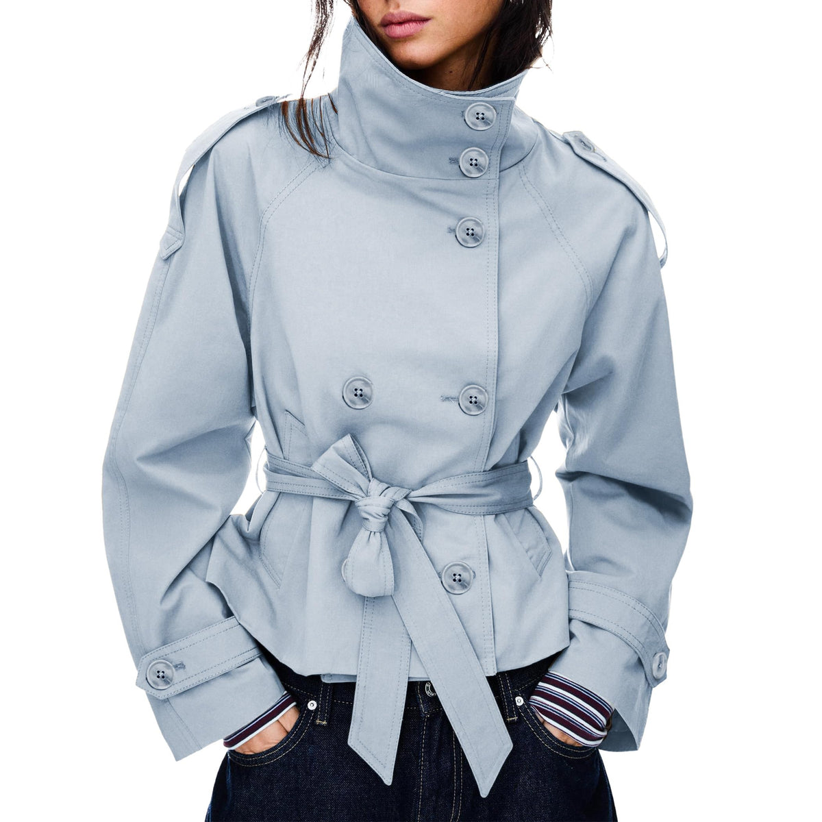 Women's Cropped Trench Coat Double Breasted Short Jacket High Collar Fall Winter Coats Trendy Outfit with Belt