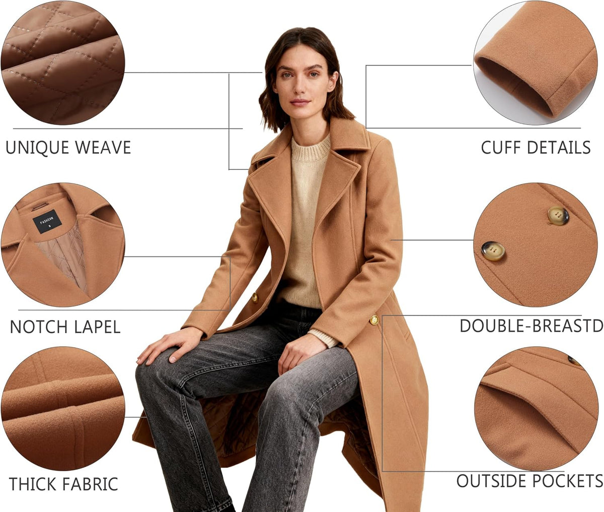 Women's Long Notch Lapel Coat, Double-Breasted Peacoat, Casual Classic Fall Winter Overcoat