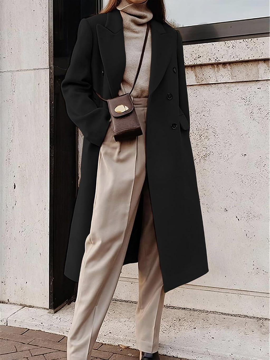 Womens Long Wool Coats Fall Winter Double Breasted Trench Coat Peacoat