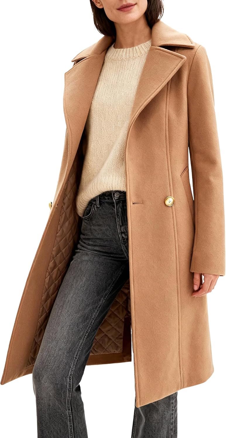 Women's Long Notch Lapel Coat, Double-Breasted Peacoat, Casual Classic Fall Winter Overcoat