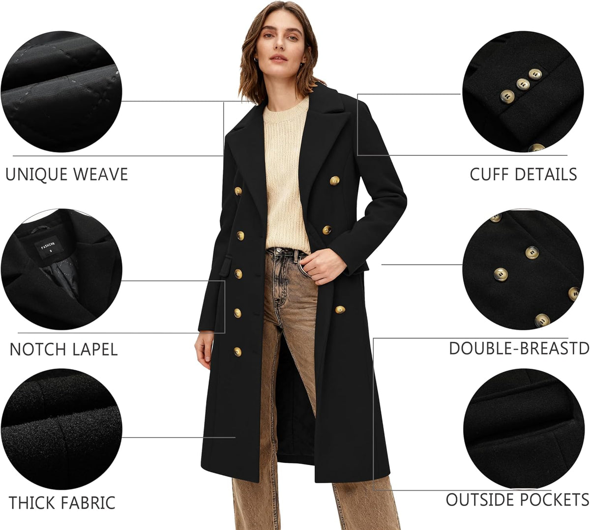 Women's Long Coat for Winter, Classic Notch Lapel Peacoat, Double-Breasted Casual Long Sleeve Fall Overcoat
