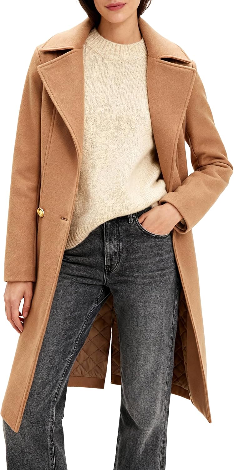 Women's Long Notch Lapel Coat, Double-Breasted Peacoat, Casual Classic Fall Winter Overcoat