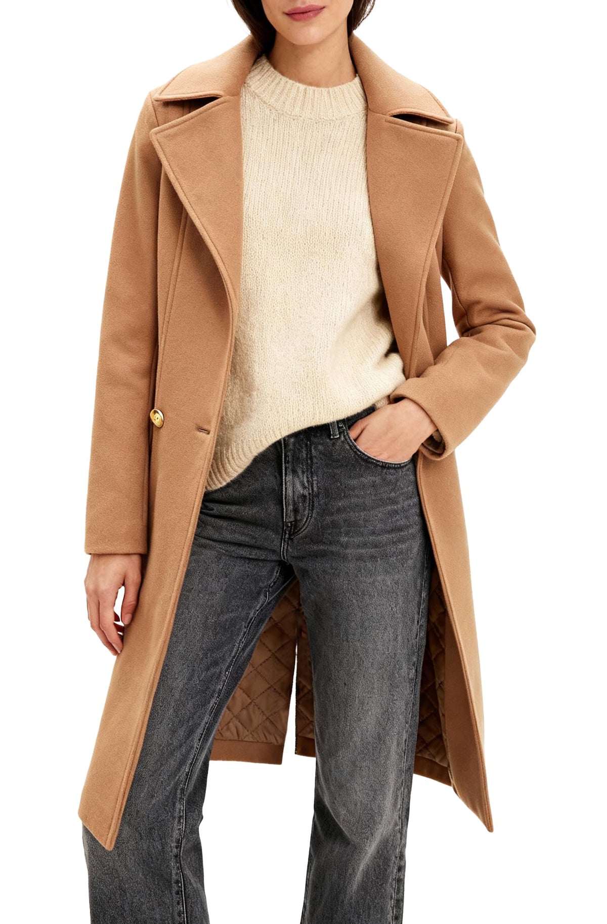 Women's Long Notch Lapel Coat, Double-Breasted Peacoat, Casual Classic Fall Winter Overcoat