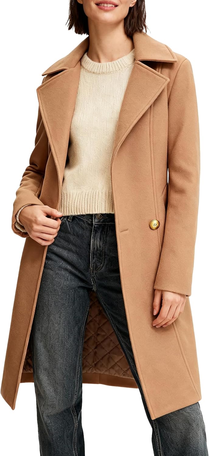 Women's Long Notch Lapel Coat, Double-Breasted Peacoat, Casual Classic Fall Winter Overcoat
