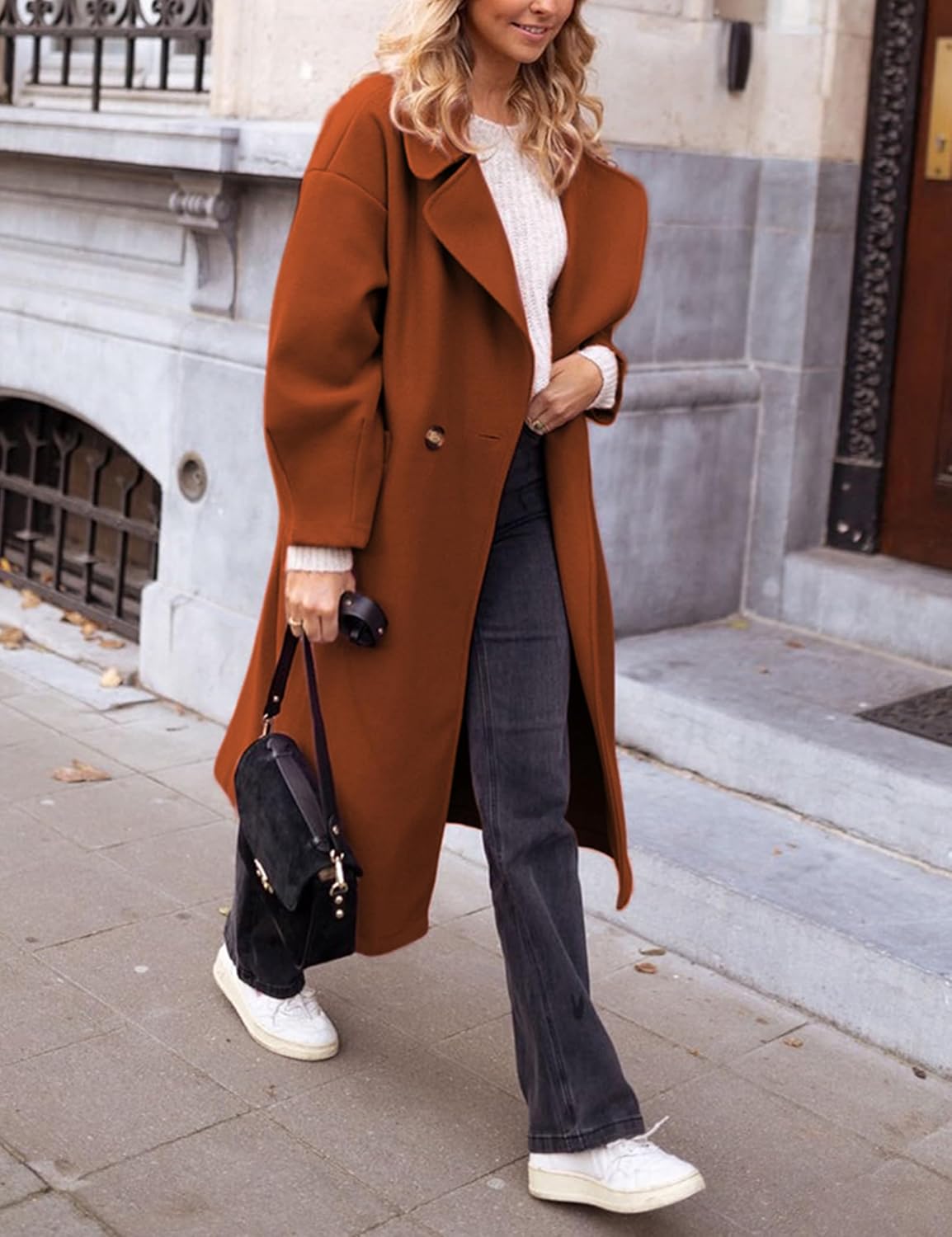 Faleave Women's Notch Lapel Coat Winter Wool Blend Single Breasted Peacoat