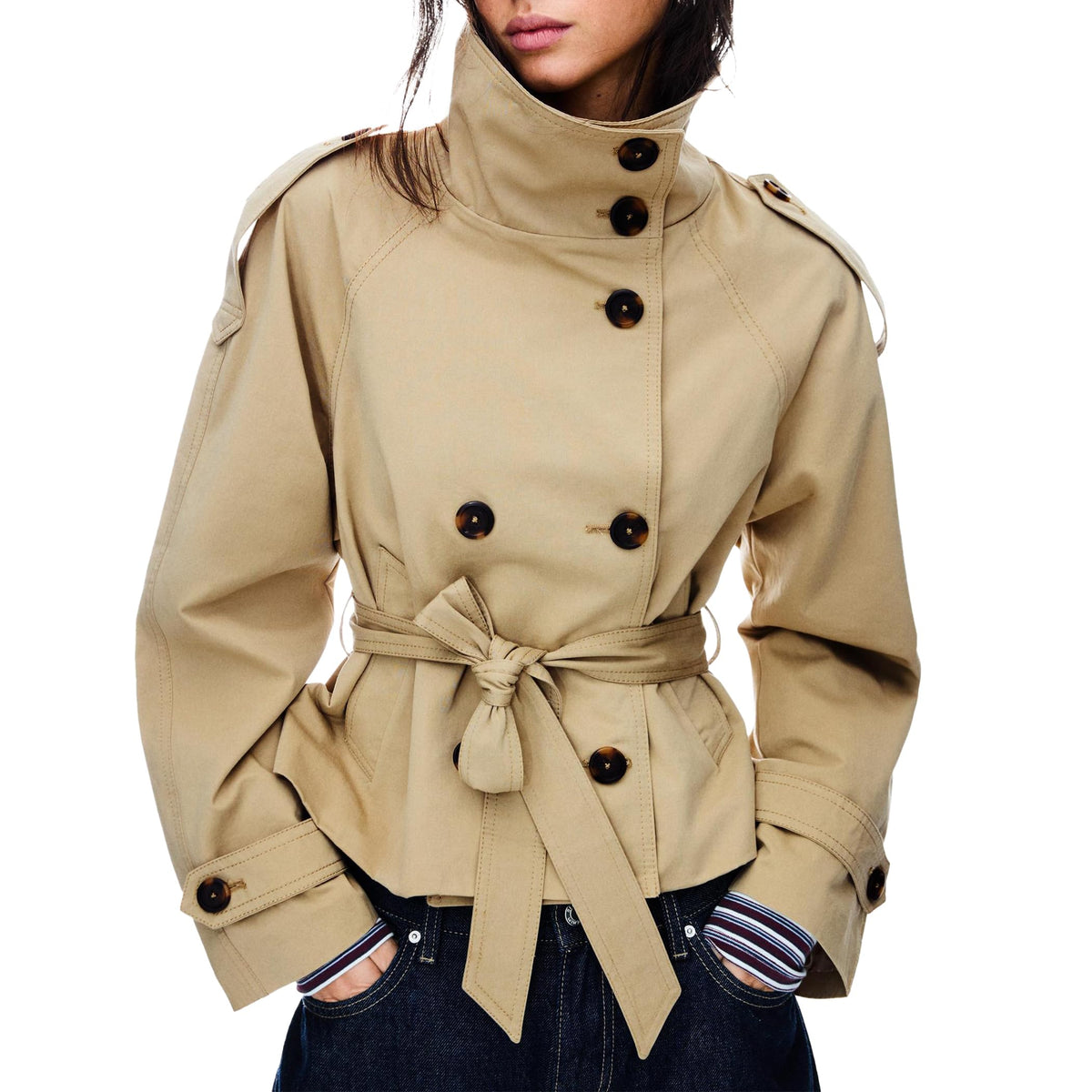 Women's Cropped Trench Coat Double Breasted Short Jacket High Collar Fall Winter Coats Trendy Outfit with Belt